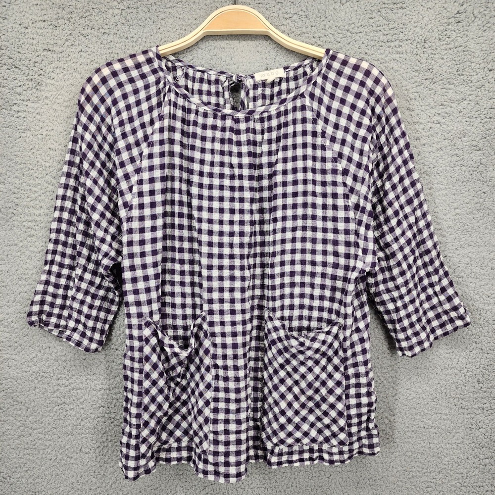 Mabo Purple Gingham Tencel Cotton Blouse 3/4 Sleeve Pocket Top Size 14/15